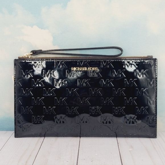 Michael Kors Large Zip Clutch Wristlet Black Patent Leather - Picture 2 of 12